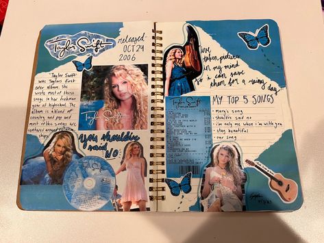 Taylor Swift Journal, Taylor Swift Debut, Taylor Swift Book, Taylor Swift Birthday Party Ideas, Cute Scrapbooks, Creative School Project Ideas, Photos Of Taylor Swift, Music Journal, Bulletin Journal Ideas