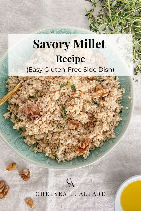 Finally, a recipe for how to cook millet that actually tastes good! Simple steps and savory ingredients create this warm and fluffy gluten-free side dish that pairs well with non-starchy veggies and various proteins. #glutenfreegrains #milletrecipe #millet Millet Pilaf, How To Cook Millet, Millet Recipes, Gluten Free Sides, Parasite Cleanse, Gluten Free Sides Dishes, Chickpea Stew, Meatless Dinner, Starchy Vegetables