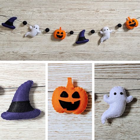 Felt Halloween Crafts, Felt Ghost Garland, Felt Pumpkin Garland, Halloween Felt Garland, Felt Halloween Decorations, Felt Ghost, 2 Ghosts, Fall Leaf Template, Halloween Felt Crafts