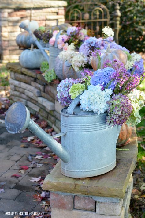 Roses and hydrangeas in watering cans on stone wall with pumpkins and leaves | ©homeiswheretheboatis.net #fall #hydrangeas #pumpkins #autumn #harvest #wateringcan Watering Can Centerpieces, Hydrangea Cottage, Pumpkins And Leaves, Painted Garden Rocks, Roses And Hydrangeas, Boxwood Garden, Tea Tables, Porch Flowers, Garden Bridal Showers