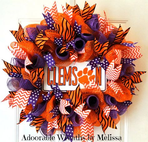 Clemson Wreath, Clemson Party, Clemson Decor, Clemson Tailgating, College Wreaths, Football Wreaths, Sports Wreath, Clemson Fans, Burlap Mesh Wreath