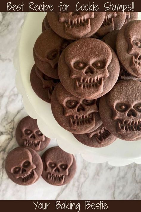 cookie stamp recipe Cookie Stamp Recipe, Stamp Cookies Recipe, Stamped Cookies, Best Cookie Recipe Ever, Drop Cookie Recipes, Skull Cookies, Baking Cocoa, Halloween Chocolate, Chocolate Cookie Recipes