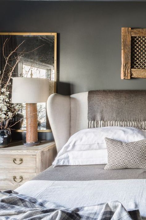 modern farmhouse All Black Room, Grey Farmhouse, Sean Anderson, Greige Design, Dark Paint Colors, Moody Bedroom, Grey Houses, Grey Bedroom, Primary Bedroom