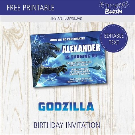 Free Printable Godzilla Birthday Party Invitations | Birthday Buzzin Godzilla Invitations Free, Godzilla Birthday Invitation, Godzilla Birthday Party Invitation, Godzilla Invitations, Tinkerbell Party Theme, Godzilla Party, Godzilla Birthday Party, Party Invitations Birthday, Godzilla Birthday