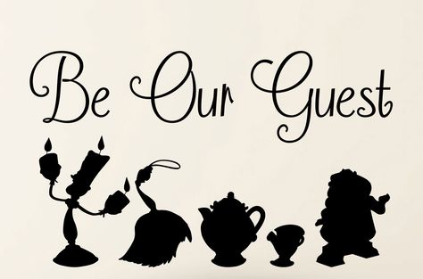 Disney Beauty and the Beast Be our Guest Beauty and the Beast wall Decal  Quote and Silhouette  Vinyl Wall Decal Art by TannersCreekDesigns on Etsy https://www.etsy.com/listing/218208395/disney-beauty-and-the-beast-be-our-guest Fera Disney, Silhouette Disney, Deco Disney, Disney Silhouette, Disney Silhouettes, Beauty And The Beast Party, Disney Rooms, Images Disney, Prom Theme