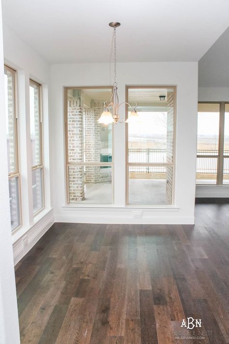 See how I transformed this builder grade breakfast room into a gorgeous coastal look with a full source list! #ABlissfulNest Plain Ceiling, Outdoor Interior Design, Reclaimed Wood Ceiling, Farmhouse Makeover, Farm House Dining Room, Dream Farmhouse, Builder Grade, Color Pallete, Wood Ceiling