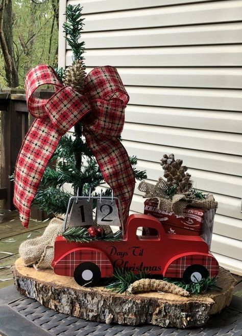 Red Truck Decor Christmas, Christmas Truck Centerpiece, Red Christmas Truck Decor, Red Truck Centerpiece Ideas, Diy Red Truck Decor, Christmas Signs Wood Front Porches, Camper Christmas, Centerpieces Christmas, Red Truck Decor