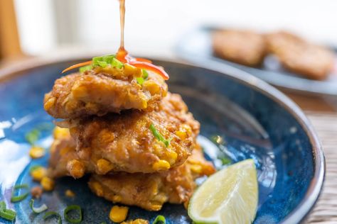 THAI SWEETCORN FRITTERS | Tilda recipe UK Smart School, Lamb Curry, Caribbean Cuisine, Sweet Chilli, Caribbean Recipes, Lime Wedge, Professional Chef, Home Cooking, A Food