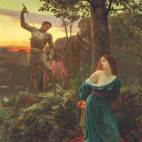 "Chivalry," painted by Sir Frank Bernard Dicksee in 1885, is a stunning representation of the Romantic style, capturing the timeless theme of a knight rescuing a damsel in distress. This oil on canvas work showcases a knight returning his sword to its sheath after vanquishing a foe, with a rescued maiden bound to a tree in the foreground. The scene is set against a golden-green illuminated landscape, creating an ethereal and almost dreamlike quality. The painting is noted for its intricate d... Sir Frank Dicksee, Francis Dicksee, Pre Raphaelite Paintings, Frank Dicksee, Medieval Romance, Pre Raphaelite Art, Medieval Aesthetic, Rennaissance Art, Alicent Hightower