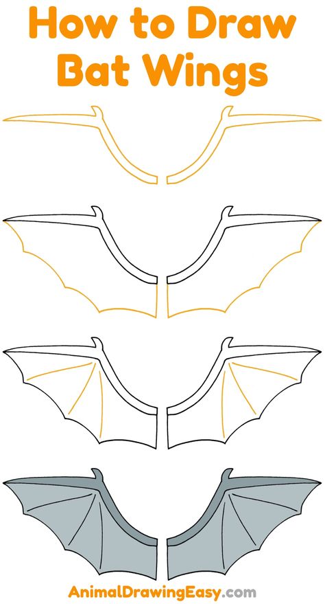 Bat Drawing Step By Step, How To Draw Bat Wings, How To Draw Wings Step By Step, How To Draw Bats, Draw Bat Wings, Bat Wings Reference, How To Draw A Bat, Bat Wings Drawing, Draw A Bat