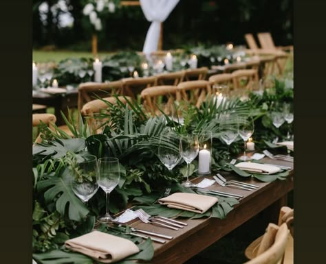 Green Plants Table Setting, Green Plant Wedding Theme, Tropical Forest Wedding Theme, Tropical Aesthetic Wedding, Lush Green Wedding Decor, Tropical Wedding Theme Table Decor, Rainforest Theme Wedding, Jungle Glam Wedding, Green Plant Centerpieces