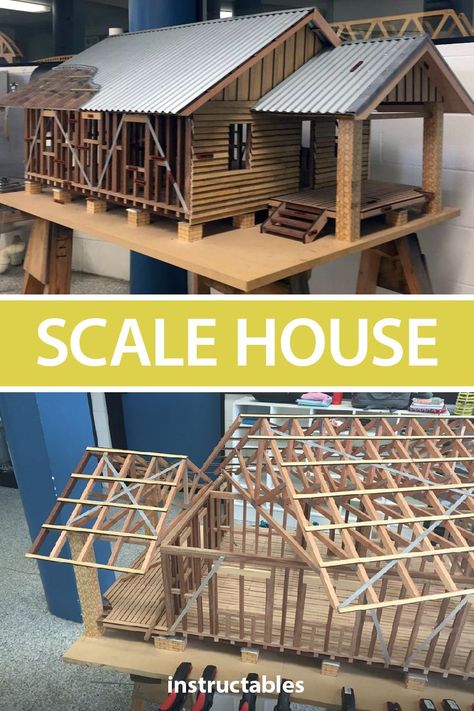 Build a model home as a teaching aide for students learning general construction. #woodworking #education #modelling #workshop Scale Model Homes, Balsa Wood Models, Timber Frame Joinery, Architectural Scale, Dollhouse Design, Scale Model Building, Homestead House, Framing Construction, General Construction