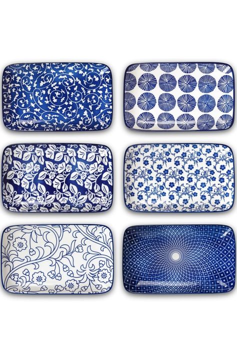 VERSATILE SMALL RECTANGULAR PLATES - Each plate measures 8.3” L x 5” W x 1” H with curved sides which can keep the food well without slipping out. Perfect size for food portion control and serving a variety of food such as salad, Sushi, appetizers, sandwiches, fruits, cookies, cupcakes, etc. #plates #dishes #saladplate #rectangular #rectangularplate #appetizerplate #kitchen #dining #homedecor #ceramic #curved #curvedside #ad Sushi Plates Ceramic, Pasta Dessert, Rectangle Plates, Blue Dinner Plates, Kitchen Plate, Ceramic Platters, China Plates, Appetizer Plates, Dinner Plate Sets