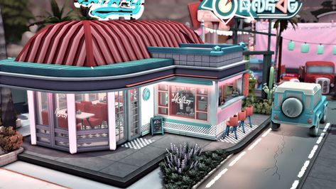 Diner Floor Plans, Sims 4 Diner Build, Sims 4 Diner Cc, Sims 4 Diner, Bloxburg Diner, Diner Exterior, 60s Diner, 50s Diner Kitchen, Ts4 Lots