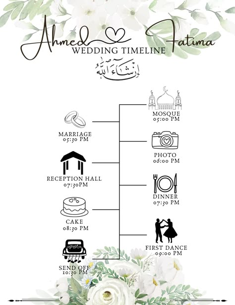 Muslim wedding timeline of events Wedding Ideas Islamic, Muslim Wedding Ideas, Wedding Planning Organizer, Wedding Planner Checklist, Wedding Muslim, Wedding Schedule, Arab Wedding, Wedding Itinerary, Wedding List