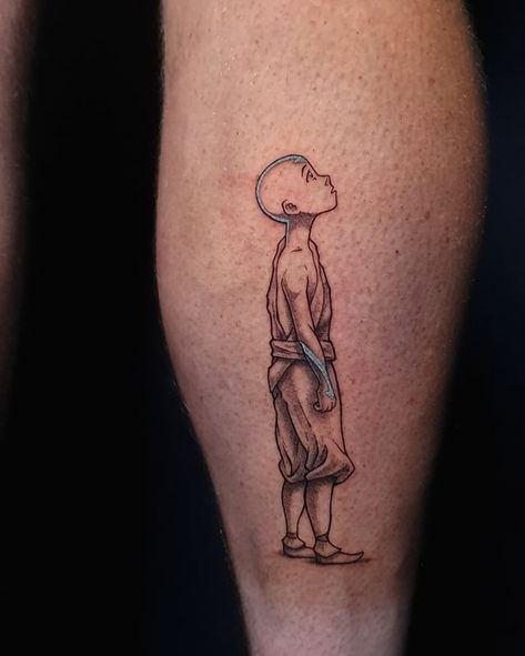 Aang from Avatar the last airbender done by @aliid_a | Instagram Avatar Uncle Iroh Tattoo, Avatar The Last Air Bender Tattoo Ideas, Iroh Tattoo Avatar, Avatar State Tattoo, Avatar Aang Tattoos, Atla Tattoo The Last Airbender, Avatar The Last Airbender Tattoo Ideas, Atla Tattoo Design, Uncle Iroh Tattoo