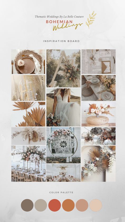 If you are free spirited bride and your style is more woodland nymph than fairy princess, Bohemian theme is yours to explore. Dried flowers, macrame wall hanging, boho mandala carpet, rattan mats would be the perfect assemble for a bohemian style wedding while still looking incredibly chic. Bohemian Luxe Wedding, Bohemian Wedding Mood Board, Boho Debut Theme Ideas, Bohemian Debut Theme, Boho Style Wedding Decoration, Bohemian Debut, Metallic Wedding Theme, Bohemian Theme Wedding, Debut Theme Ideas