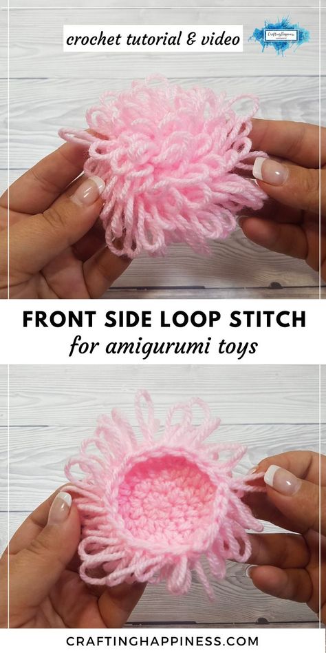 Learn how to crochet the Front Side Loop Stitch For Amigurumi Toys - tutorial & video from Crafting Happiness. Easy tutorial for beginners. Crochet Loops Stitch, Crochet Loop Stitch Tutorial, Loopy Crochet Stitch, Loop Crochet Stitch, Crochet Loop Stitch, Loop Stitch Crochet, Crochet Puppets, Amigurumi Tips, Crochet Loop