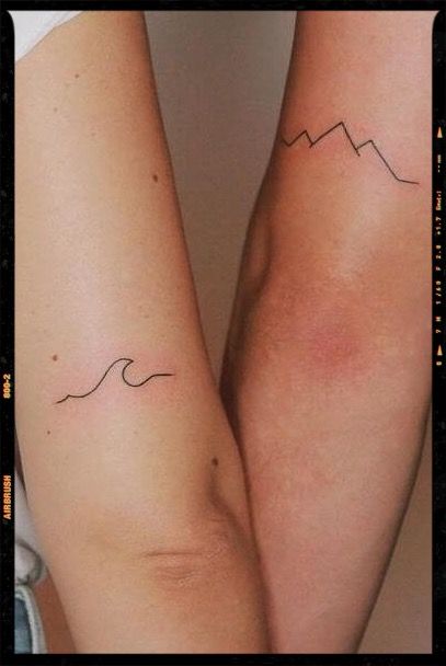 Couple Wave Tattoo, Mountain Sea Tattoo, Sea Couple, Mountain And Sea, Couples Tattoo, Matching Best Friend Tattoos, Sea Tattoo, Couples Tattoo Designs, Sibling Tattoos