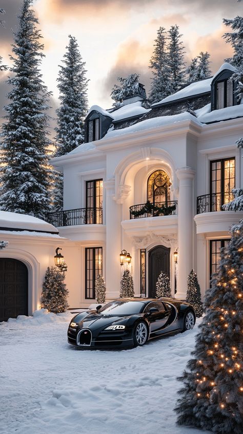 🏡✨ Dreaming of winter wonderlands? Check out this stunning panoramic view of a massive white mansion with a sleek black roof! 🖤🌨️ With two luxury black Bugattis tucked away in the garage, this home is the epitome of elegance and style. The picturesque snowy floor sets the scene, while towering pine trees stand majestically, adorned with twinkling lights 🌲💡. The classic ornamental black stone ha... White Classic Living Room, Mansion Facade, Winter Mansion, Living Room Designs Classic, Mansion Christmas, Black Sports Car, Winter House Exterior, White Mansion, Living Room Classic