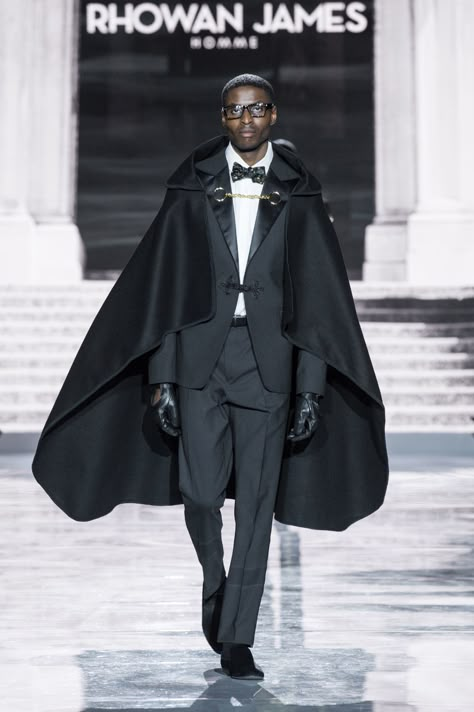 2018 RHOWAN JAMES FALL WINTER COLLECTION - FORMAL BLACK TUXEDO WITH CAPE. Men Cape Fashion, Tuxedo With Cape, Suit With Cape Mens, Cape Outfit Men, Masquerade Outfit Men, Wedding Suit Dress, Suit With Cape, Cape Men, Formal Cape