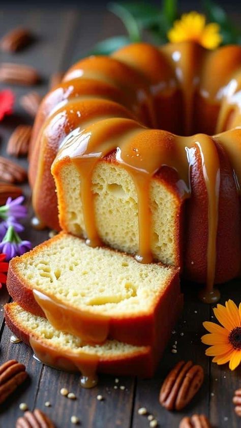 Honey Bun Pound Cake Honey Cakes, Caramel Pound Cake Recipe, Caramel Pound Cake, Cake Storage, Creamy Pudding, Fresh Fruit Salad, Honey Buns, Honey Cake, Decadent Cakes