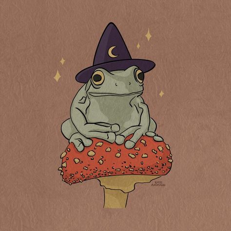 A little frog on a mushroom #digitalart #digitaldrawing #art #artist #frogs #mushroom #magic #witch #cottagecore #halloween #spooky #lgbtartist #nature #green #illustration #photoshopart Witchy Frog, Frog On A Mushroom, Frosch Illustration, Witch Cottagecore, Cottagecore Halloween, Mushroom Magic, Green Illustration, Mushroom Paint, Frog Illustration