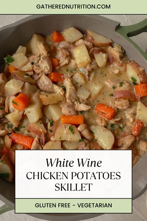 It’s the perfect weeknight dinner- full of flavor and leaves your house smelling like heaven! The creamy white wine sauce is honestly so dreamy- and SO easy to make! Plus, it can be made dairy free! Chicken Potatoes And Carrots, Potatoes Skillet, Creamy White Wine Sauce, Dairy Free Creamer, White Wine Chicken, Wine Chicken, Fall Meals, Potatoes And Carrots, Skillet Potatoes