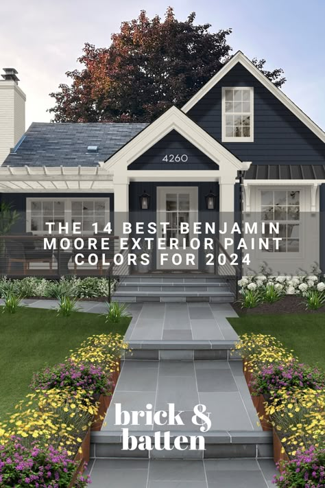 Thinking of painting your home exterior? Be sure to check out our list of the best Benjamin Moore exterior paint colors for 2024 first: https://bit.ly/3RaFHAE Paint Ideas For Exterior House Colors, New House Exterior Colors, Evening Dove Benjamin Moore Exterior, Benjamin Moore Collingwood Exterior, Benjamin Moore Cheating Heart Exterior, Exterior House Colors For Craftsman Home, Benjamin Moore Pashmina Exterior, Craftsman Home Paint Colors, House With Siding And Brick