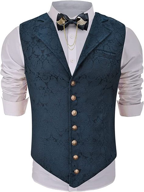 EFORLED Mens Steampunk Suit Tuxedo Vest Victorian Renaissance Gothic Waistcoat w/ Metal Golden Fancy Bow Ties for Halloween Costume,Navy,L : Clothing, Shoes & Jewelry Fancy Waistcoat Men, Gothic Waistcoat, Steampunk Suit, Steampunk Costume Male, Mens Steampunk, Tuxedo Bow Tie, Gold Bow Tie, Suit Tuxedo, Tuxedo Vest