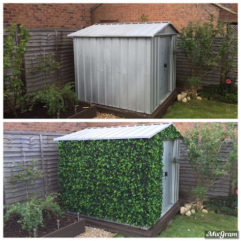 Disguise Garden Shed, Shed Upgrade Diy, Outdoor Shed Makeover, Tin Shed Makeover, Steel Shed Makeover, Metal Shed Makeover Exterior, Diy Metal Shed Makeover, Painting Metal Shed, Metal Shed Makeover