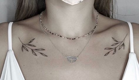 Symmetrical Clavicle Tattoo, Fine Line Collar Bone Tattoo, Lil Tattoos, Collarbone Tattoos, Clavicle Tattoo, Symmetrical Tattoo, Tattoo Samples, Couple Tattoo, Chest Tattoos