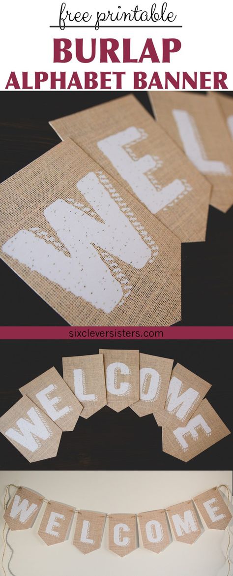 Free printable burlap alphabet banner ready to download and print. It's perfect for your next party and will add that perfect burlap look. #burlap #party #partybanner #celebrate #freeprintable #sixcleversisters Free Printable Banner Letters, Welcome Home Banners, Printable Birthday Banner, Printable Banner Letters, Birthday Banner Template, Free Printable Banner, Valentinstag Party, Party Girlande, Banner Printable