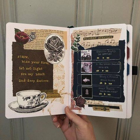 Book Spread Design, Dark Academia Journal Ideas, Junk Journal Aesthetic, Dark Academia Bullet Journal, Hobonichi Spread, Journal Front Page Ideas, Crunchy Recipes, Vintage Bullet Journal, Reading Bujo