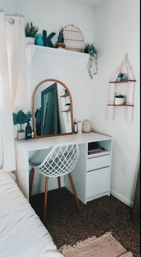 Desk / Vanity Area, Small Boho Vanity Ideas, Stand Up Vanity Ideas, Room Ideas Desk Area, Mirror Over Desk Bedrooms, Vanity Desk Combo Ideas, Cute Room Desks, Desk Dresser Combo Small Spaces, Diy Desk To Vanity Ideas