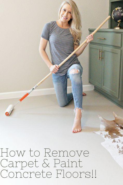 I know you want to get rid of your ugly carpeting.. Check out this easy tutorial on removing carpeting and panting your concrete floors!! #removecarpet #paintconcretefloor #homediy Concrete Floors Bedroom, Diy Stained Concrete Floors, Painted Cement Floors, Concrete Floors Diy, Concrete Bedroom, Concrete Floors In House, Diy Concrete Stain, Interior Concrete Floors, Concrete Basement Floors