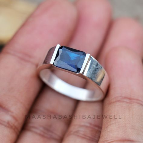 Blue Sapphire Men's Ring, 925 Sterling Silver Ring, Handmade Ring, Promise Ring, Blue Sapphire Ring, Dainty Wedding Ring, Gift For Him SHOP LINK:- https://www.etsy.com/shop/MaaShabashibaJewell?ref=seller-platform-mcnav 》D E T A I L S《 Gemstone: Natural Sapphire Gem Color: Blue Gem Shape: Rectangle  Gem Category: Cut Metal: 925 Sterling Silver Purity: 925 Parts Per 1000 Setting Type: Prong Set Silver Polish: High Ring Size: All Size Available Please note that there Can be slight variations in sto Men Sterling Silver Ring, Blue Stone Ring For Men, Gem Stone Rings For Men, Mens Stone Ring, Ring Designs For Men Silver, Man Silver Ring, Silver Stone Rings For Men, Blue Sapphire Rings For Men, Sapphire Rings For Men