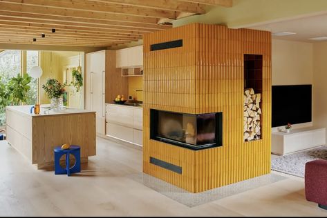 1950s House Renovation, Douglas Fir Flooring, Apple Garden, Roof Beam, 1950s House, Vitra Design Museum, Colourful Tile, Yellow Houses, Terrazzo Flooring