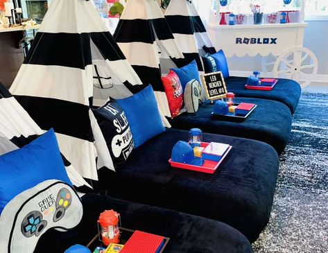 Roblox Party Activities, Boys Slumber Party Ideas Sleepover, Boys Slumber Party Ideas, Gamer Sleepover Party, Boys Sleepover Party Ideas, Gamer Sleepover Tents, Boys Tent, Teepee Sleepover Party Themes, Purple Teepee Sleepover Party