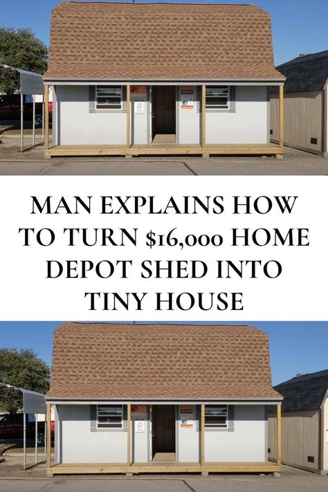 Man #explains how to turn $16,000 Home Depot shed into #tiny #house Storage Building To Tiny House, How To Make A Shed Into A Tiny House, Large Sheds Turned Into Homes, Shed Home Layout, Converting Shed To Tiny House, Storage Shed Into Tiny House, Tuff Shed Tiny House Floor Plans, Turning Shed Into Tiny House, Portable Shed House Ideas