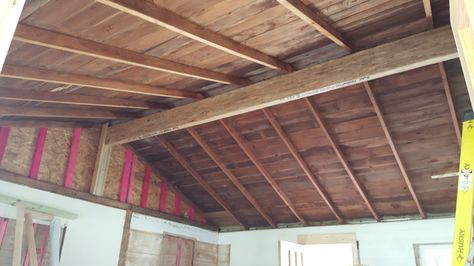 Weekend #31 – Sep 17 – we completed the ceiling removal in the main area of the house exposing the rafters and shiplap roof decking.  Look how open and larger the space looks now!  The … Ceiling Remodel, Exposed Beams Ceiling, Grey Ceiling, Log Cabin Interior, Exposed Rafters, Open Ceiling, Ceiling Insulation, Farmhouse Renovation, Garage Remodel