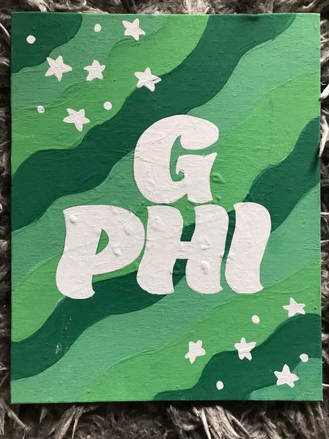 Gphi Canvas Paintings, Green Sorority Canvas, Small Sorority Canvas, Sorority Canvas Paintings Dg, Sorority Paintings, Painted Sorority Letters, Alpha Phi Painting Canvas, Gamma Phi Beta Canvas Paintings, Alpha Phi Painting