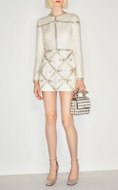 Crepe Couture Metallic Trim Wool And Silk Dress By Valentino | Moda Operandi Valentino White Dress, Tweed Outfit, Valentino Fashion, Valentino Dress, Classy Dress Outfits, African Print Fashion Dresses, Sport Dress, African Print Fashion, 1960s Fashion