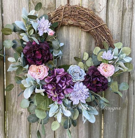 Purple Lambs Ear Wreath, Pink And Purple Wreath, Floral Grapevine Wreath, Purple Floral Wreath, Spring Grapevine Wreath Ideas, Purple Wreaths For Front Door, Grapevine Wreath Ideas, Purple Flower Wreath, Diy Grapevine Wreath