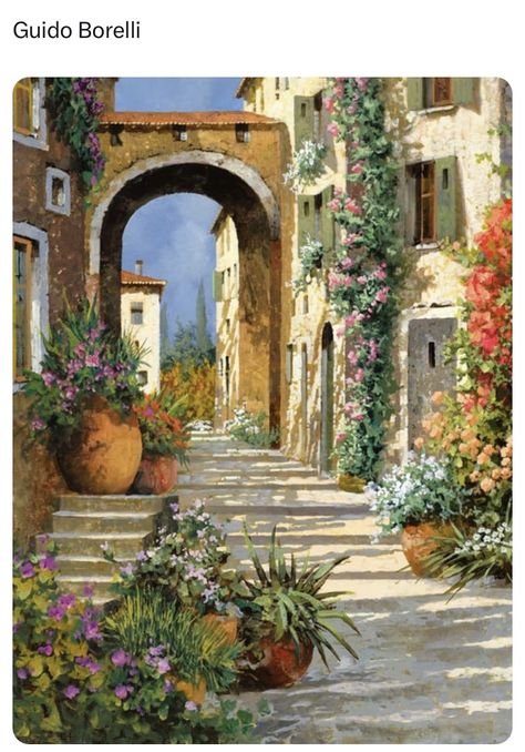 Streets Of Italy, Greek Paintings, Mediterranean Art, Garden Mural, Italy Street, Street Painting, Italian Landscape, Canvas Drawing, Architecture Sketch