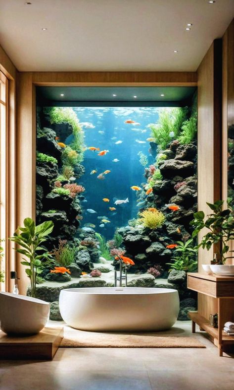 Decor Behind Toilet, Minimalist Aquarium, Behind Toilet Decor, Toilet Decor Ideas, Behind Toilet, Fish Tank Wall, Wall Aquarium, Custom Aquarium, Amazing Aquariums