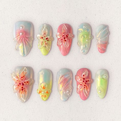 💅💅Which nails would you choose? Inspired nails for you #pressonnails #nails #nailsofinstagram #nailsnailsnails #nailart #y2k #y2knailart #y2knails #fyp #gafanail #summernails Pop Color Nails, Which Nails, Nail Yellow, Nessa Nails, Colorful Y2k, Handmade Nails, Duck Nails, Yellow Bow, Goth Nails