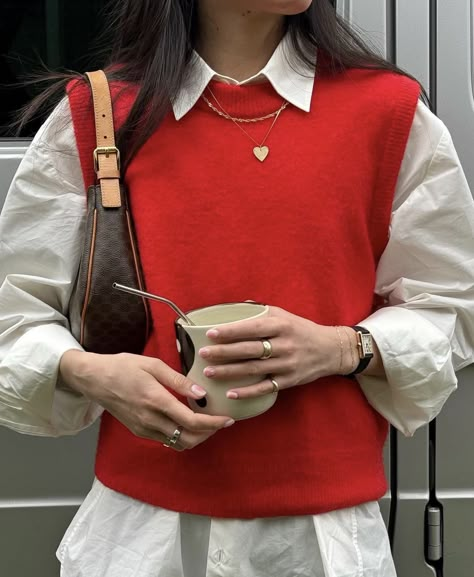 Red Gilet Outfit Women, Red Knitted Vest Outfit, Red Knit Vest Outfit, How To Style A Red Sweater, Red And White Outfit Ideas, Red Sweater Vest Outfit, Outif Ideas, Dark Red Outfit, Red Blouse Outfit