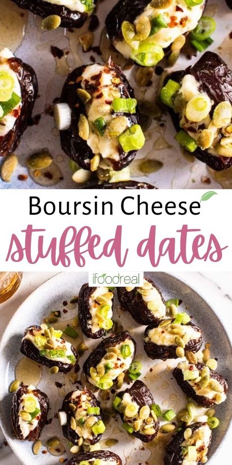 Stuffed Dates are a healthy appetizer made with fresh Medjool dates, a touch of honey, and creamy Boursin cheese. Sweet, chewy and savory, these look impressive but take only 10 minutes to put together!