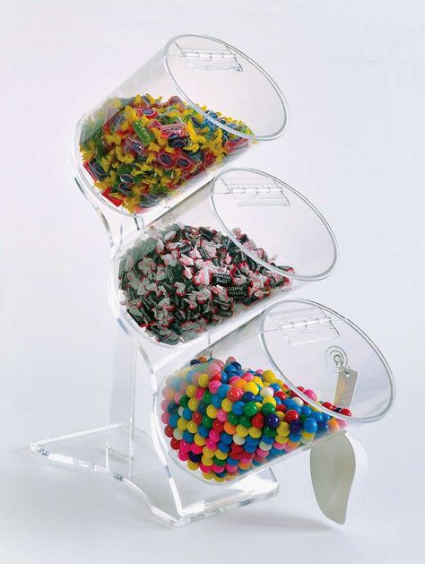 🍭🍬BULK CANDY DISPENSER   3 Bins with hinged flip up lids item#880-1760 22"Hx6"Wx20"D email: sales@ displayit-info.com 800-600-9393 tel  🇺🇸MANUFACTURED IN THE USA🇺🇸  Buy Wholesale https://displayit.tv/product-tag/acrylic-bakery-case/ #candydisplay #candydispenser Candy Storage Ideas, Candy Buffet Containers, Candy Store Design, Candy Stand, Food Dispensers, Candy Display, Containers For Sale, Candy Dispenser, Bulk Food